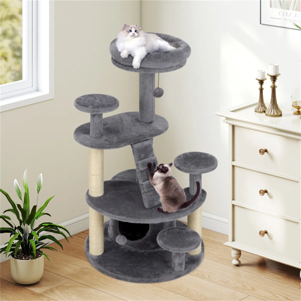 40" Multi-Level Cat Tree for Munchkin & Old Cats - Stable Wide Base, Soft Padded Perch + Large Condo (Gray) — image 3