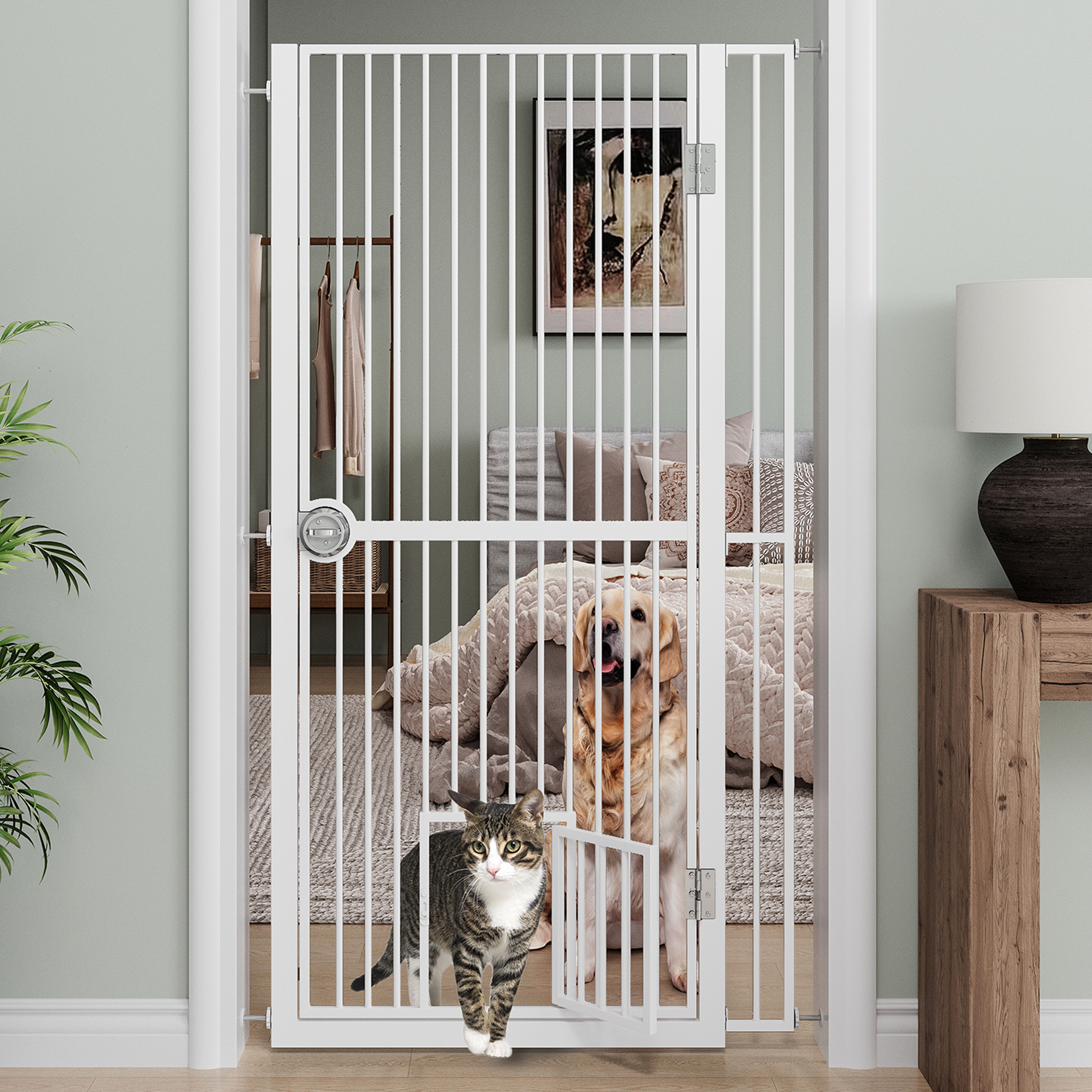 Puerta para Gatos Extra Alta de 61 Pulgadas para Pasillo, Ampliable desde 34.3'' hasta 36.7'' con Kit de Extensión de 4.13'', Ideal para Pasillos o Cocinas, Kit de Montaje sin Taladrar, Blanco — imagen 1