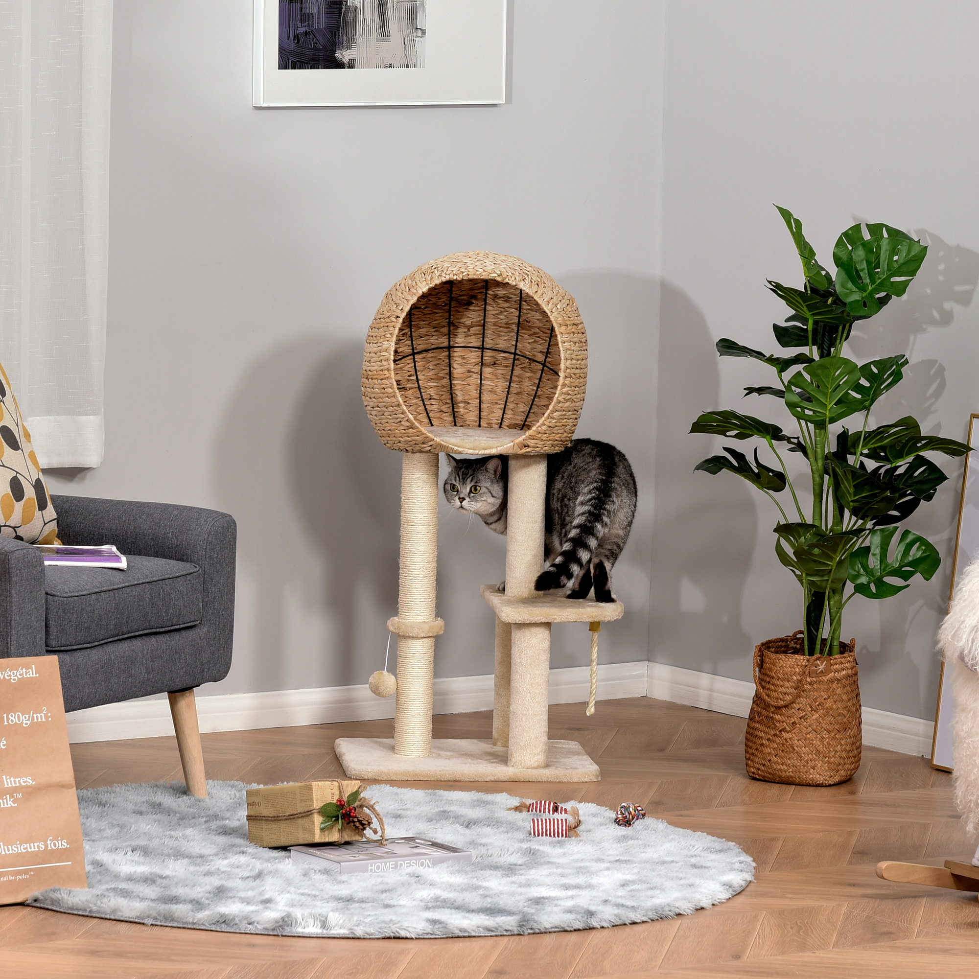 Cat Tree with Sisal Scratching Post Condo and Hanging Rope 39" H, Beige — image 7
