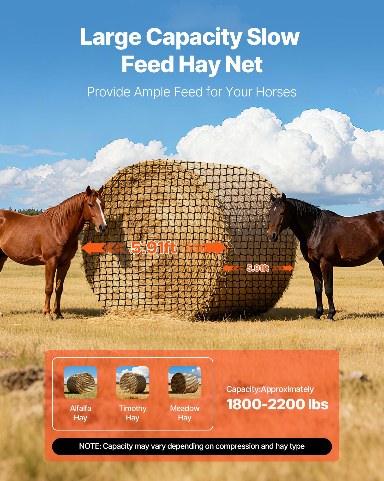 Round Bale Hay Net, 5.91 X 5.91 X 5.91 Ft, 1.65 Inch Holes, PE Material, Knotless Design, With Zip Ties, Needle Shuttle, Repair Twine And Storage Bag, Slow Feeder Round Bale Net For Horses — imagen 3