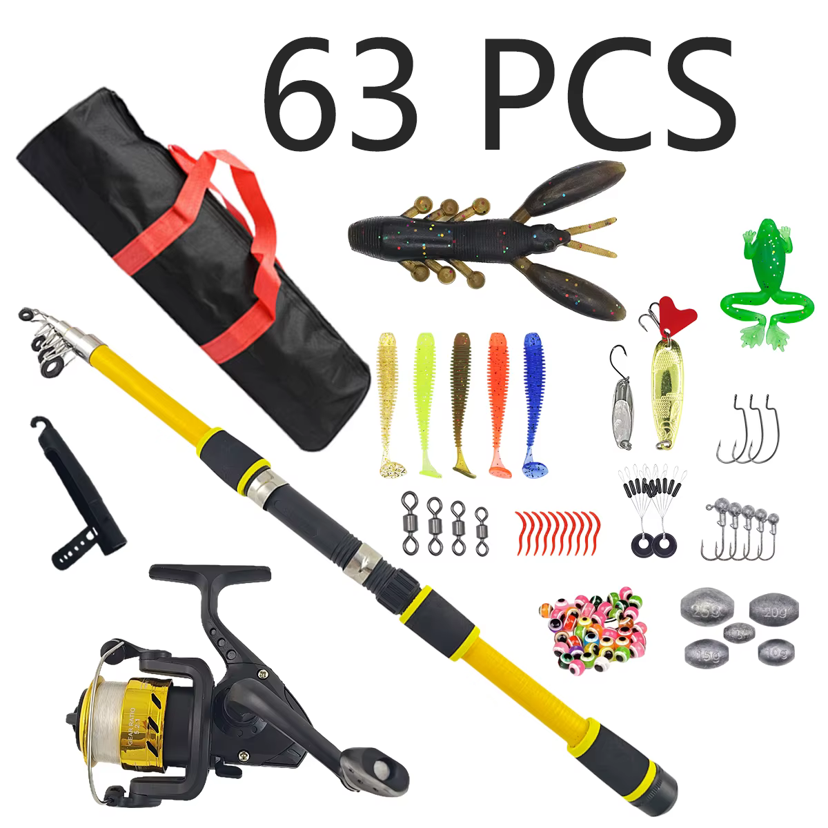63 Pcs Beginner Fishing Combo 1.8m - Kids Telescopic Rod, Reel & Accessories for Outdoor Lake & Pond Fishing — image 1