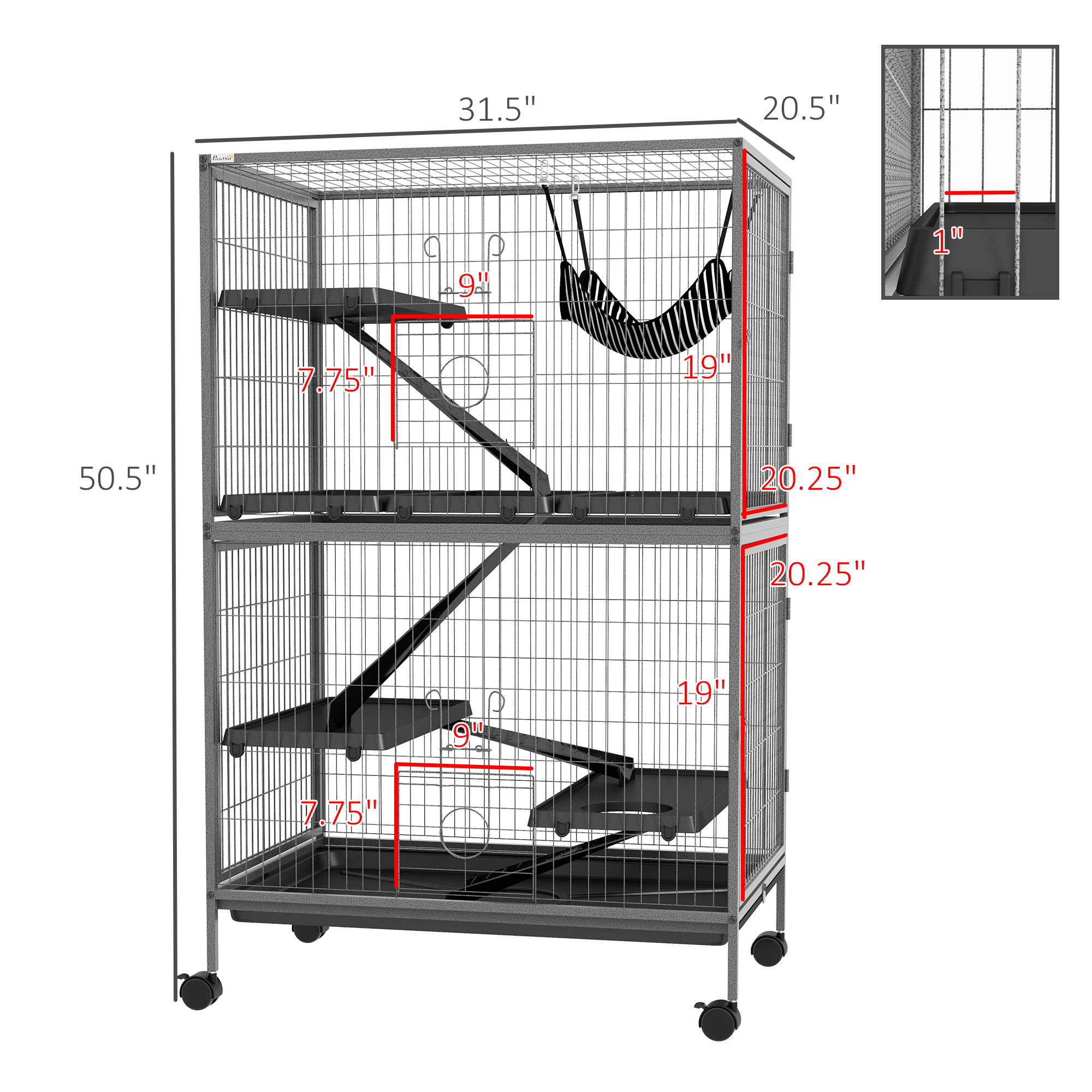 50" H Rolling Small Animal Cage with Hammock, Ferret Cage, Chinchilla Cage, Pet Habitat with 4 Doors, Removable Tray — image 7