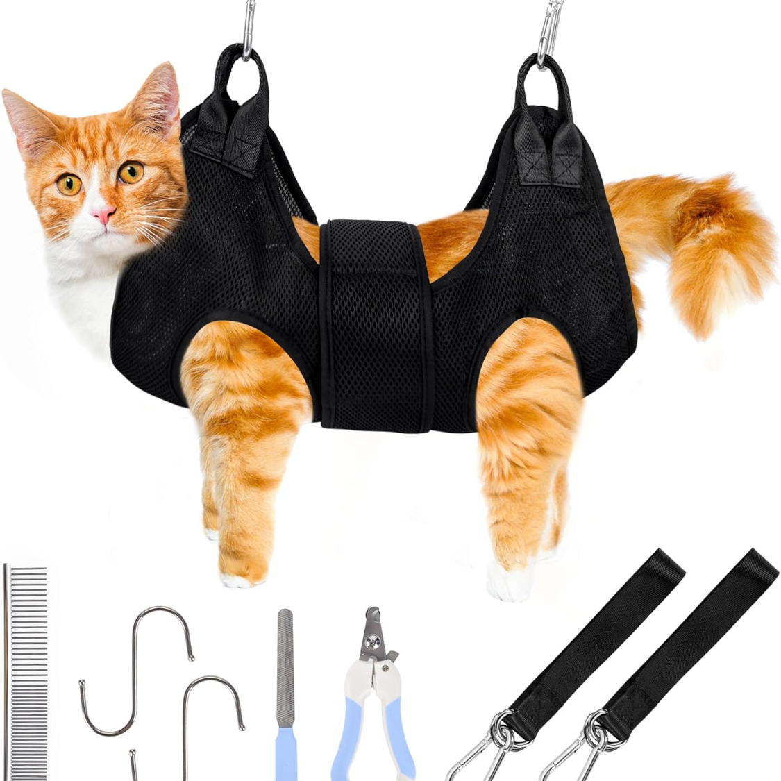 Kit de Hamaca para Grooming de Gatos y Perros hasta 12 lb, Arnesón y Sling para Corte de Uñas con Tijeras y Afilador — imagen 1