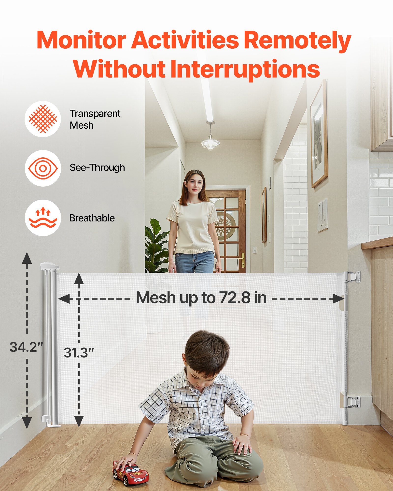 Retractable Baby Gate, Extends To 72.8 Inch Wide, 31.3 Inch Tall, With Security Lock, Easy To Use, Walk Through Without Tripping, Mesh Dog Gate For Stairs, Hallways, Indoor/Outdoor, White — imagen 2
