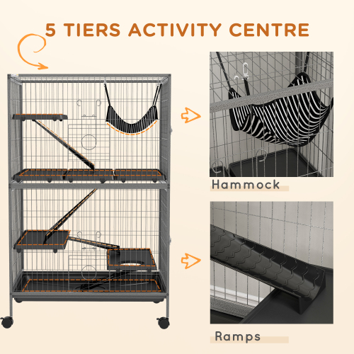 Jaula para Animales Pequeños de 5 Niveles, Jaula para Hurones, Jaula Grande para Chinchillas con Accesorios de Hamaca y Alambres Resistentes — imagen 6