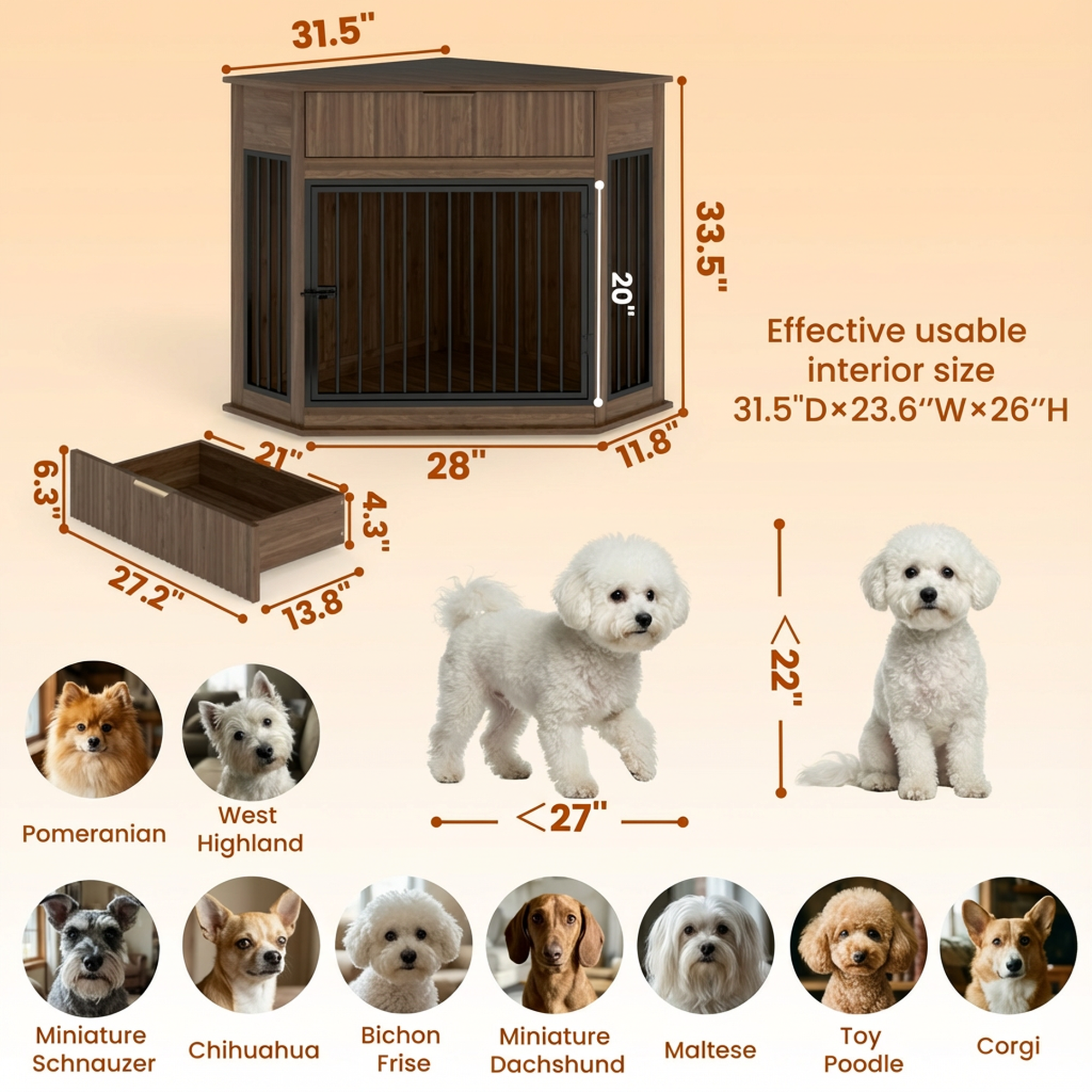 Jaula de esquina de 44.6" en MDF, mueble estilo jaula para perros pequeños y medianos, mesa auxiliar decorativa con cajón acanalado, gabinete moderno para ahorrar espacio, para interior, nogal — imagen 5