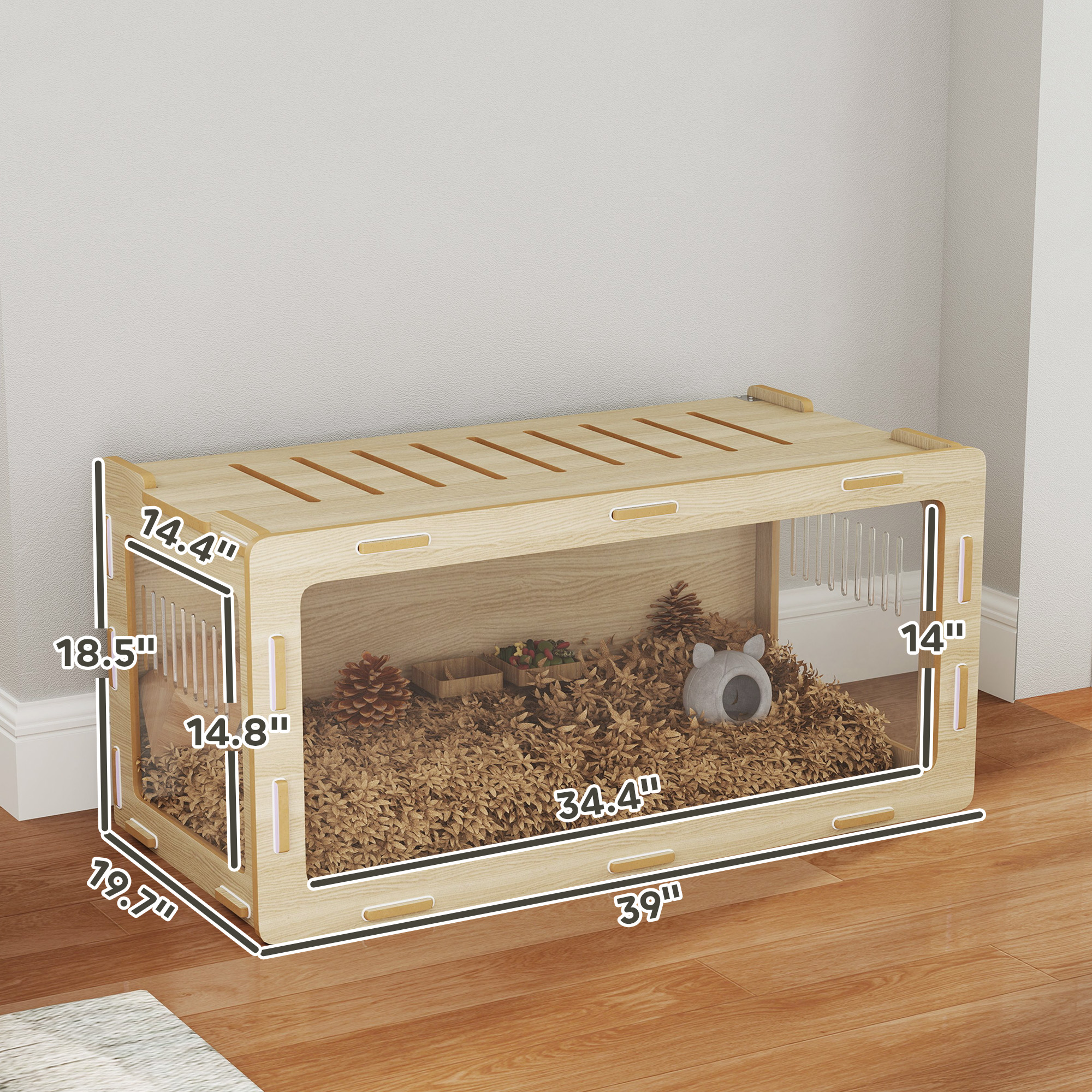 Caja para Hámsters con Paneles Acrílicos de Visión Fácil, Ventilación y Techos Abatibles, para Erizo, Rata, Conejo de Indias, 39" x 20" x 18.5", Roble — imagen 2