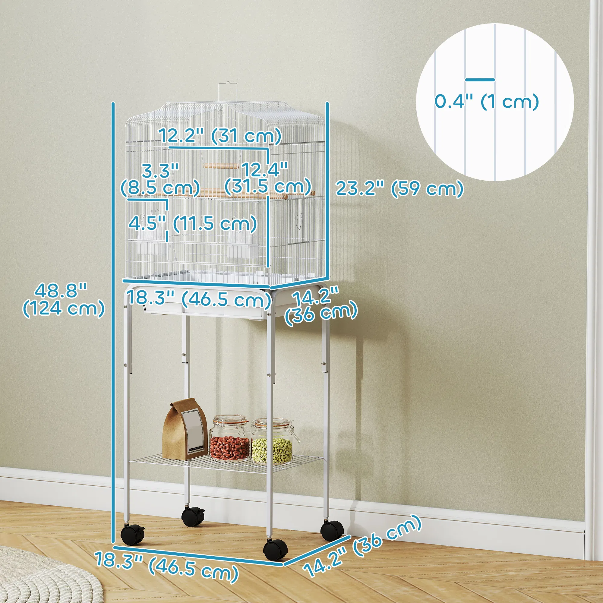 49" Rolling Bird Cage Cockatoo House Play Top Finch Pet Supply with Storage Shelf, Wheels - White — image 3