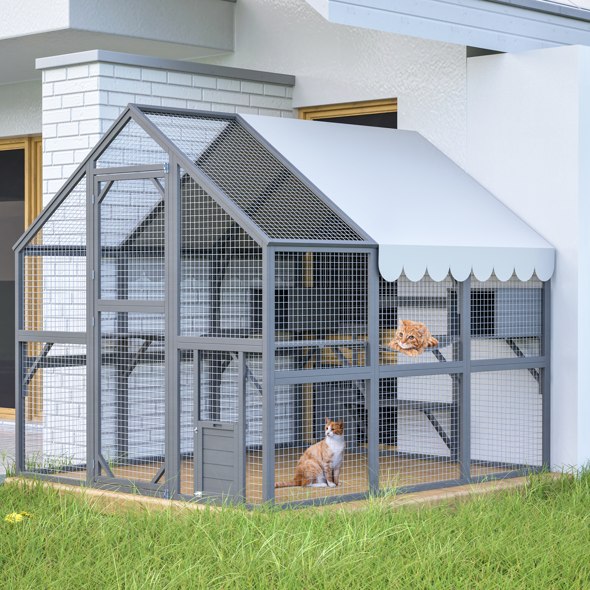 Premium Cat Run Large Outdoor Enclosure, Wooden Catio Kitty Mansion With Suspension Bridges, Strolling Paths, Cozy Cabins, Protective Roof Cover, 82 Inch Expanse — image 1