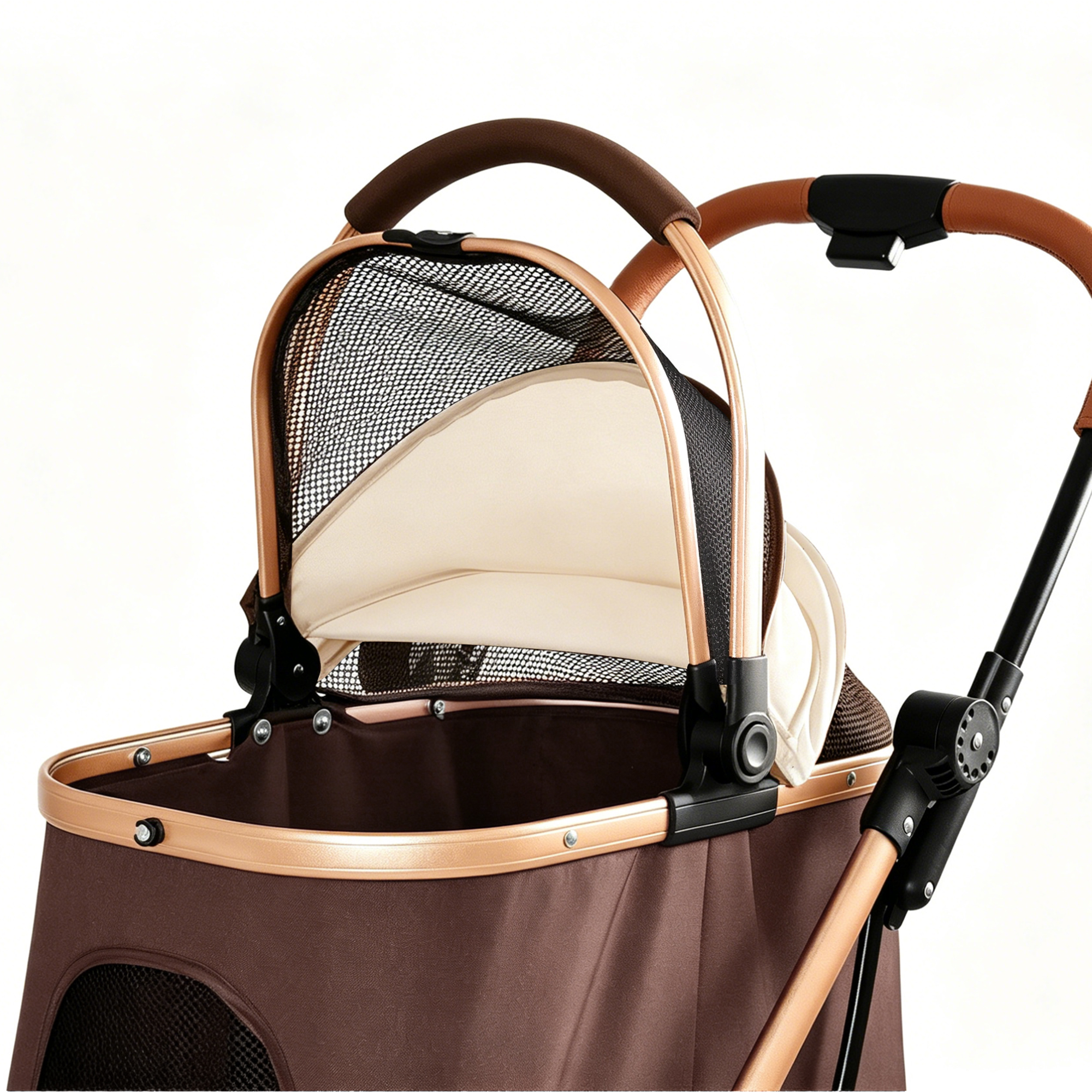 Muleta para Mascotas 2 en 1: Carruaje de 4 Ruedas Reversible con Canasta de Almacenamiento y Sombrilla Solar (Khaki + Oro) — imagen 9