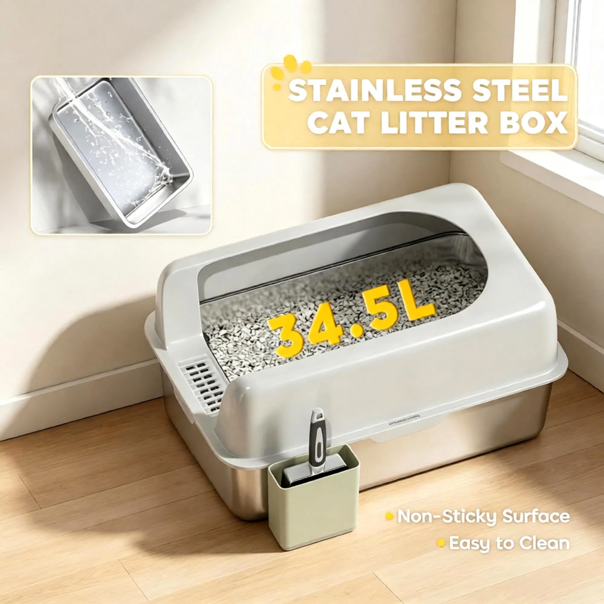Light Gray 2 Pack High Sided Stainless Steel Litter Box Anti-Urine Leakage for Multi-Cat Households — image 8