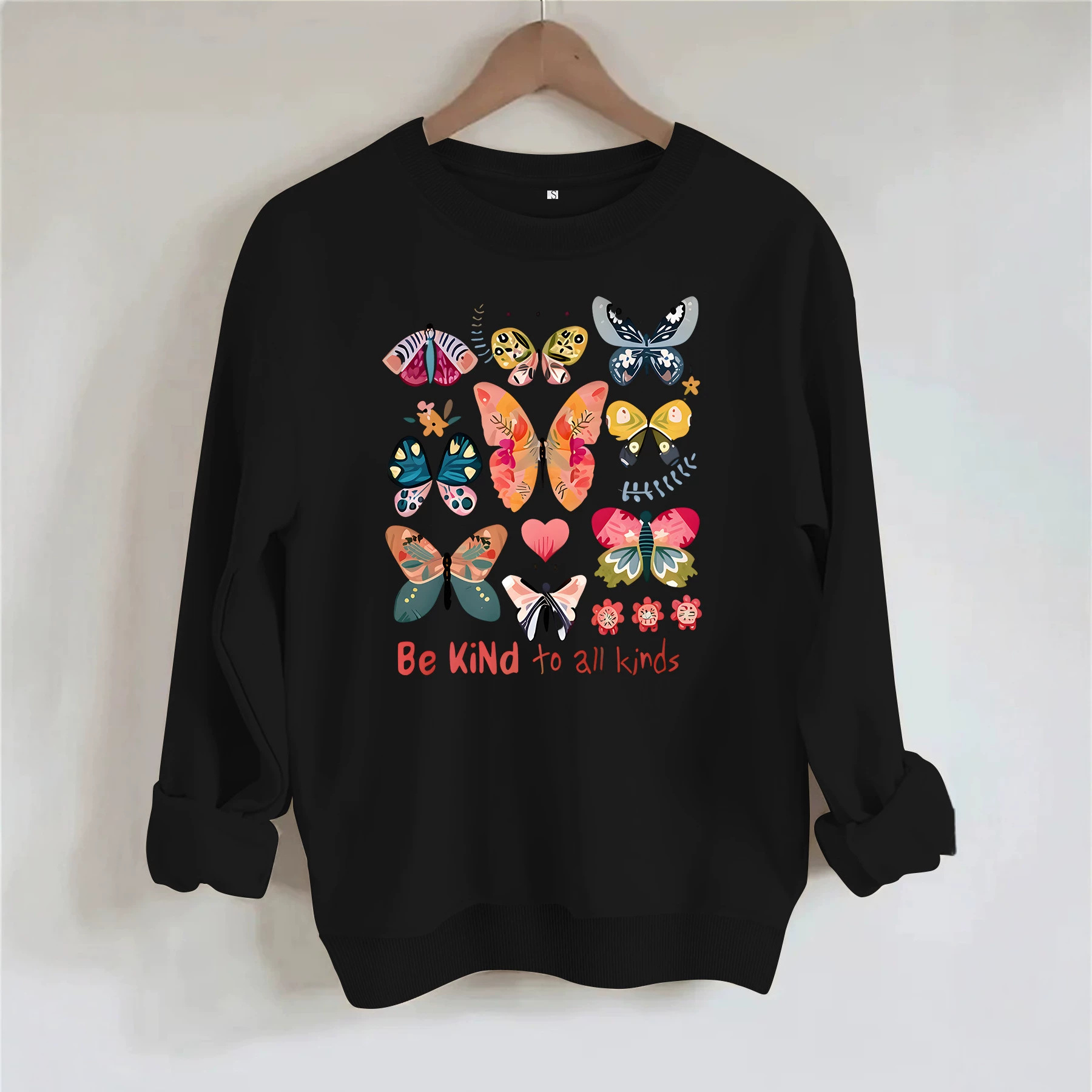 Butterfly and Goodwill Text Printed Round Neck Hoodie for Women — image 6