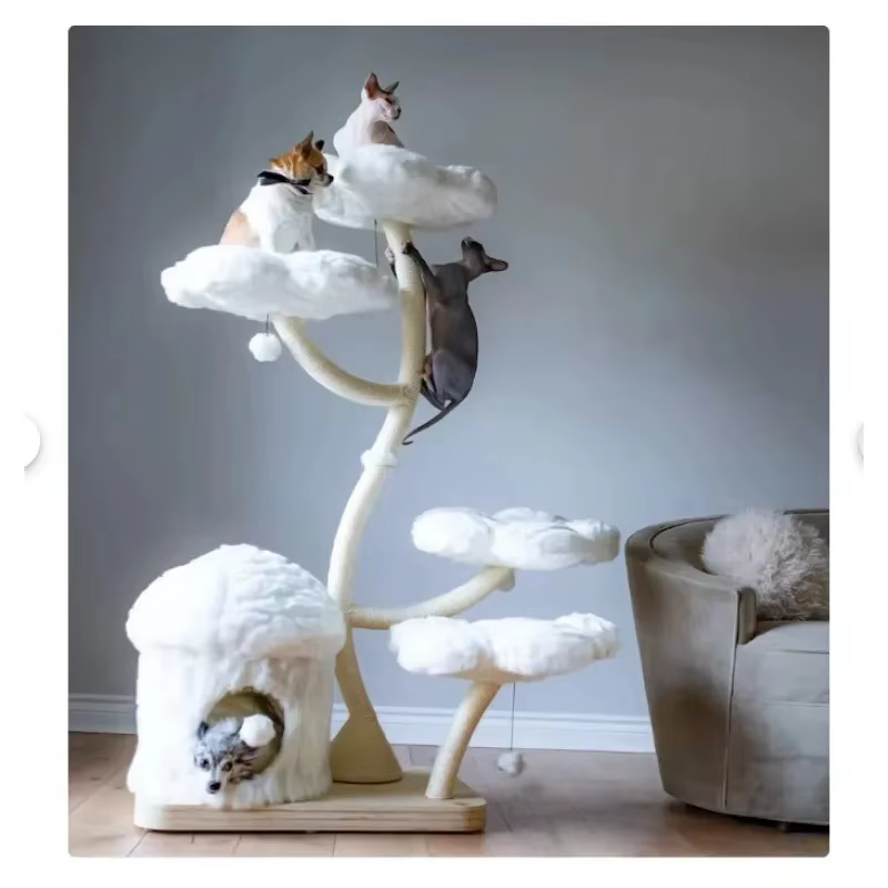 Árbol de gato moderno de madera con diseño floral, torre multi-plataforma y refugio acogedor, estructura de escalada lujosa para mascotas, poste de rascado — imagen 4
