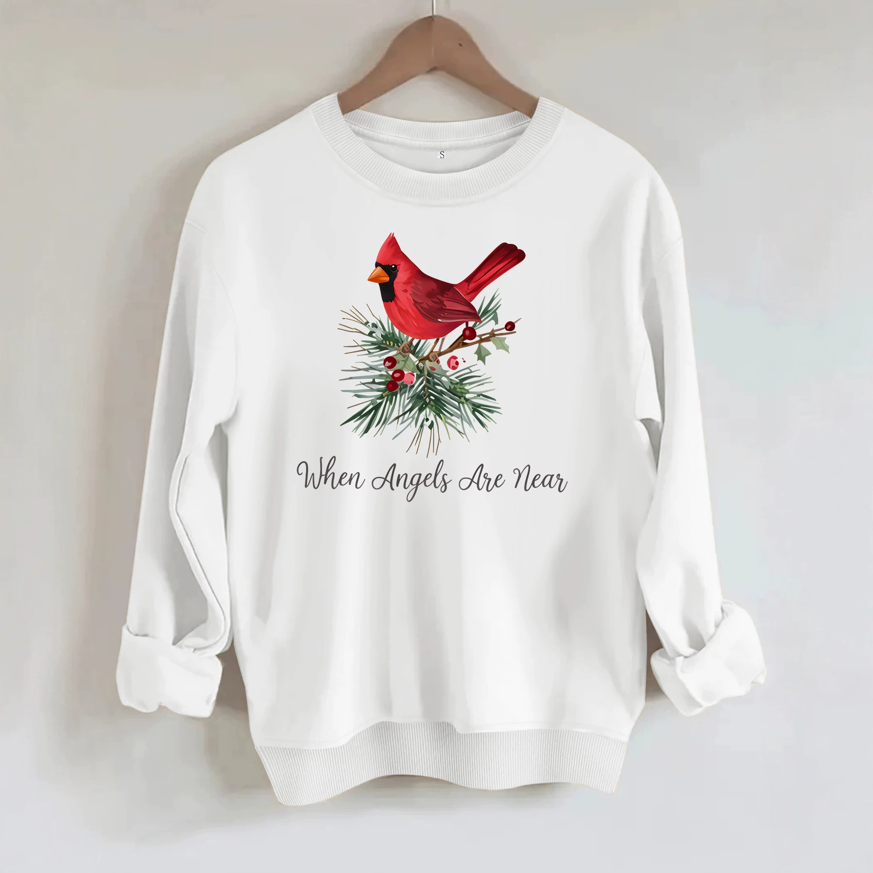 Red bird print round neck fleece hoodie — image 4