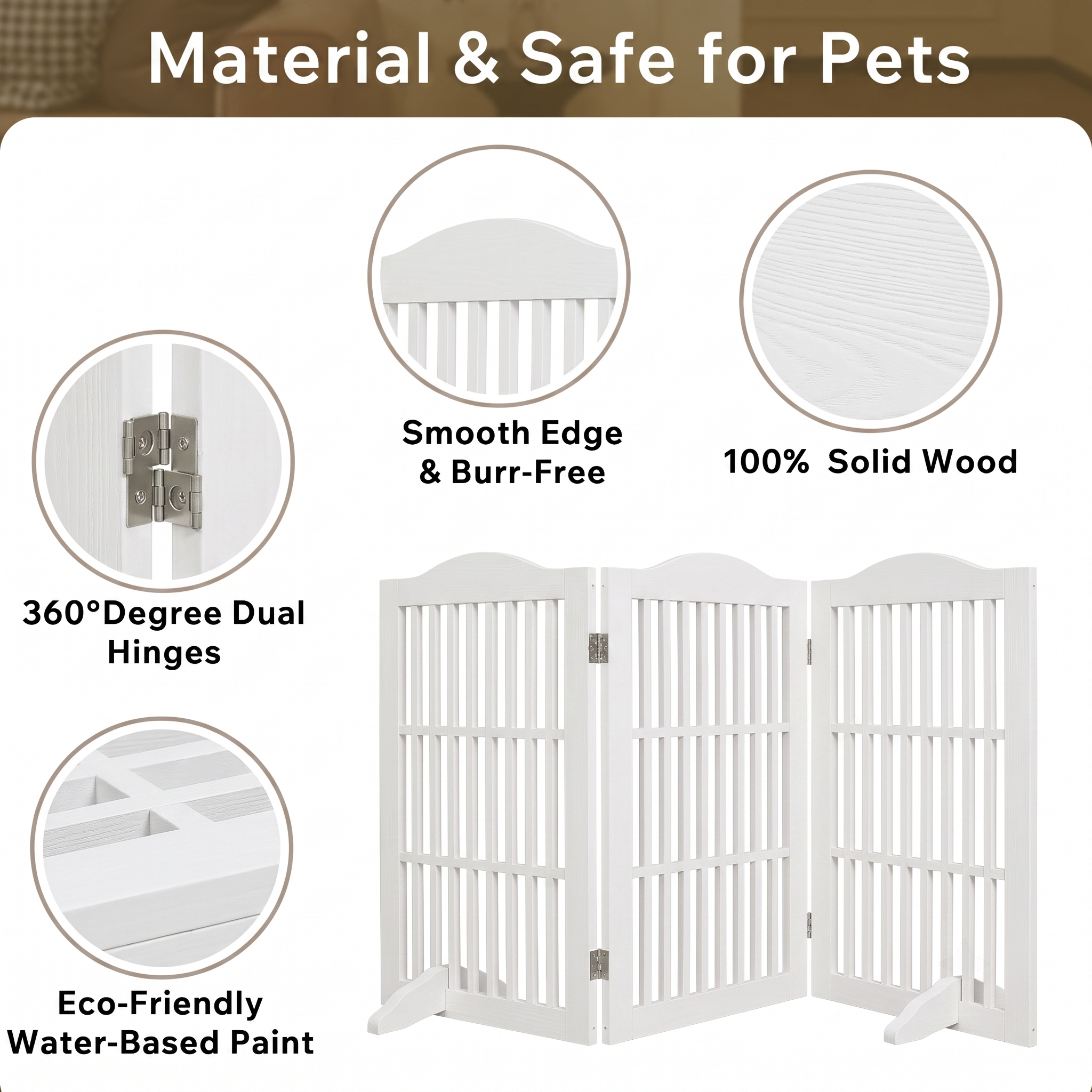Puerta de Perro Freestanding Hidráulica de Madera para Canes, 3 Paneles, 30 pulgadas, Barra de Acceso para Mascotas en Casa — imagen 5