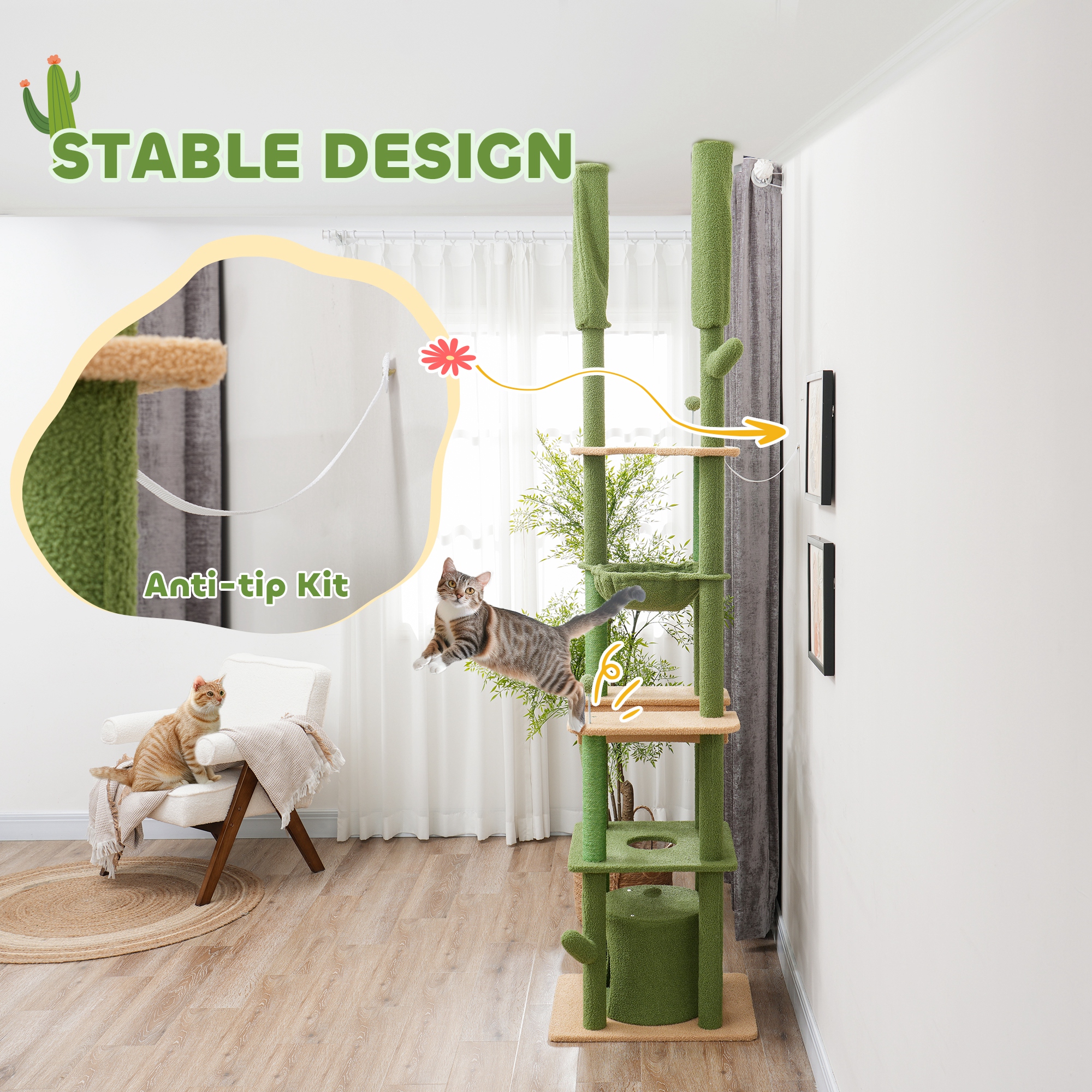 Rascador para Gatos del Piso al Techo 89"-100", Torre para Gatos con Poste con Cepillo de Aseo, Casita y Hamaca, Verde — imagen 5