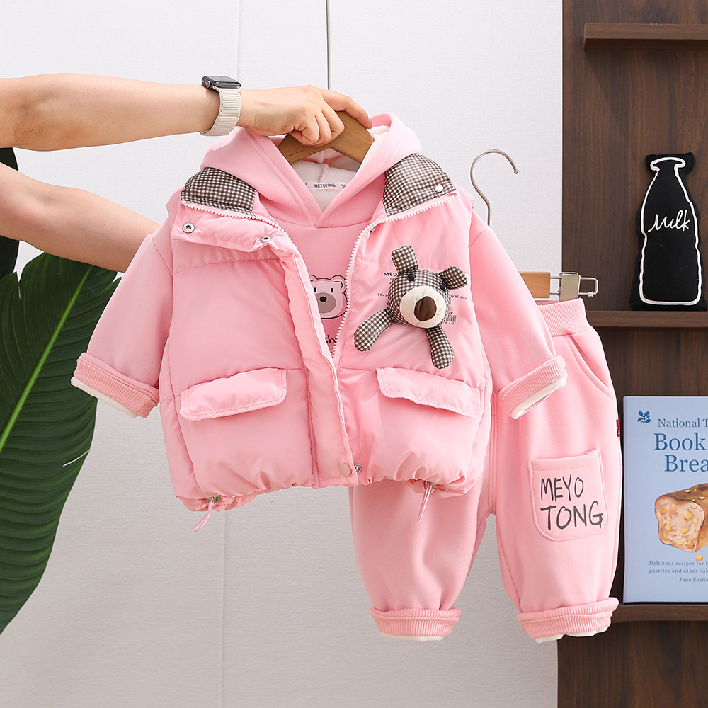 Unisex Kids Winter Fleece-Lined Hoodie Sweatshirt Thickened Bear Head Cotton Vest 3-Piece Set — image 4