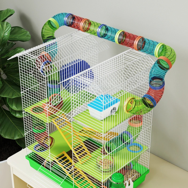 PawHut 5 Tier Hamster Cage With Tubes And Tunnels, Small Animal Cage, Rat Gerbil Cage With Water Bottle, Food Dish, Exercise Wheel, Green — imagen 7