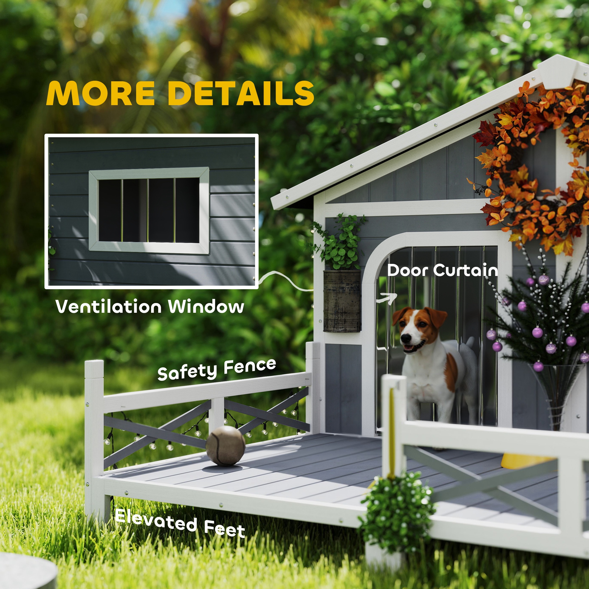 Casa para Perros Exterior, Caja de Madera para Mascotas con Porche, Techo Abordable, Base Elevada y Habitación doble para 2 Razas Pequeñas a Medianas — imagen 7