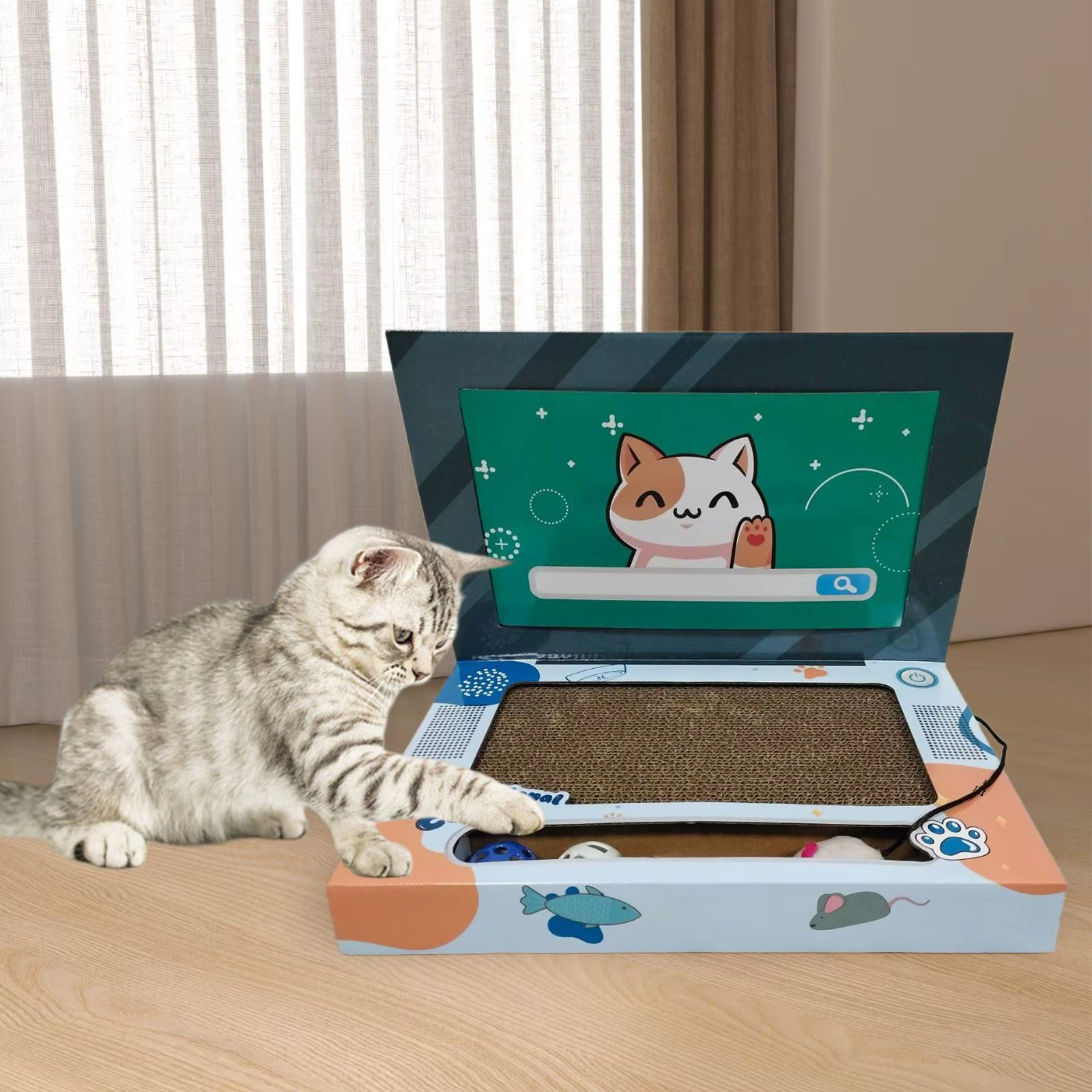 Cat Laptop Scratcher Cat Teaser and Ball Track Pad Toy Computer TV Scratcher Cat Scratching Board for Kitten Claw Indoor Cats — image 4