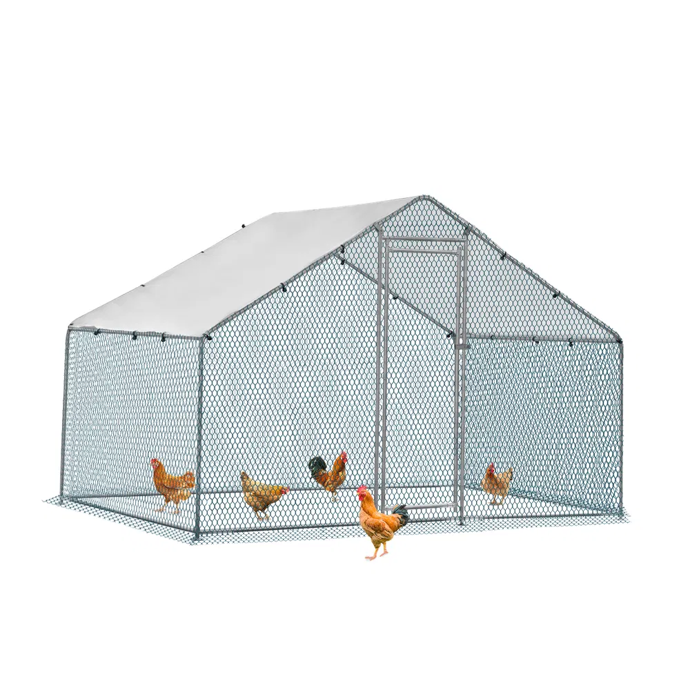 Gallinero Plateado de 2x2x2m y 6.5x6.5x6.5ft con Techo en Punta, Lona Impermeable de PE de 180g, Jaula Metálica para Gallinas y Conejos — imagen 5