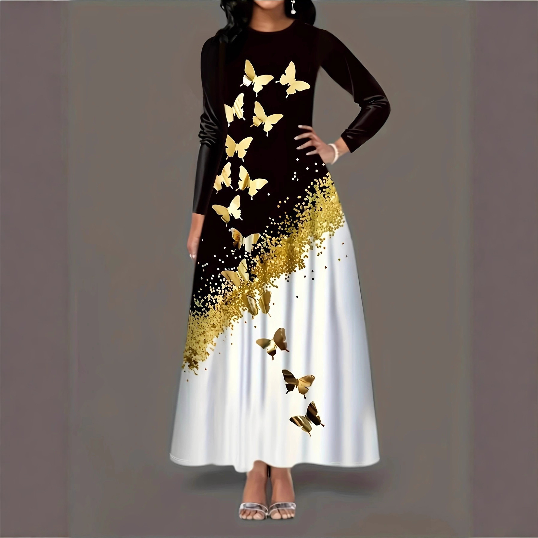 Vestido de Manga Larga con Estampado de Mariposa en Estilo Botón Redondo y Faldones Alineados con Cajas — imagen 1