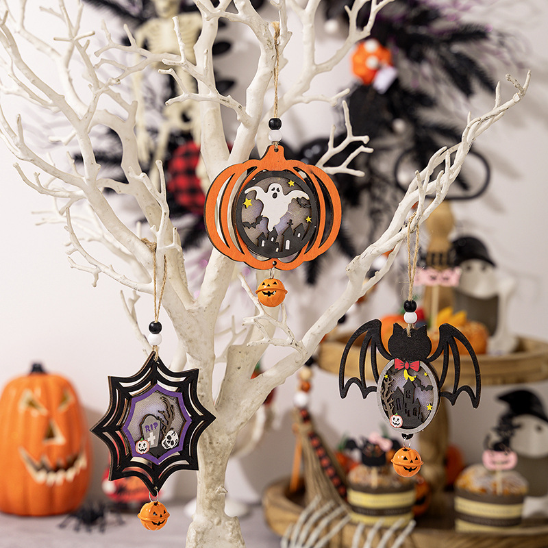 Lámpara de Pumkin de Madera para Colgar, Decoración de Ambiente de Halloween, Pendiente de Araña y Fantasma — imagen 2
