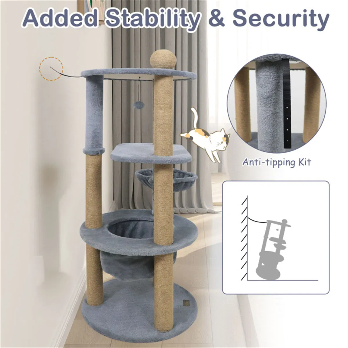 47" Cat Tower with Scratching Posts - Multi-Level Cat Tree for Relax & Play, Light Grey — image 7