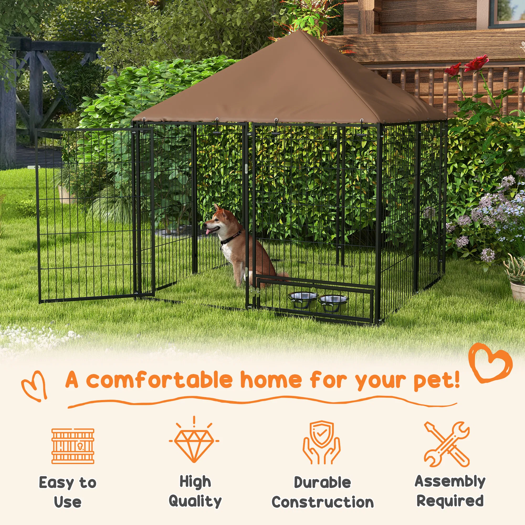 4.6' x 4.6' x 5' Outdoor Dog Kennel with Canopy, Rotating Bowls, Coffee — image 6