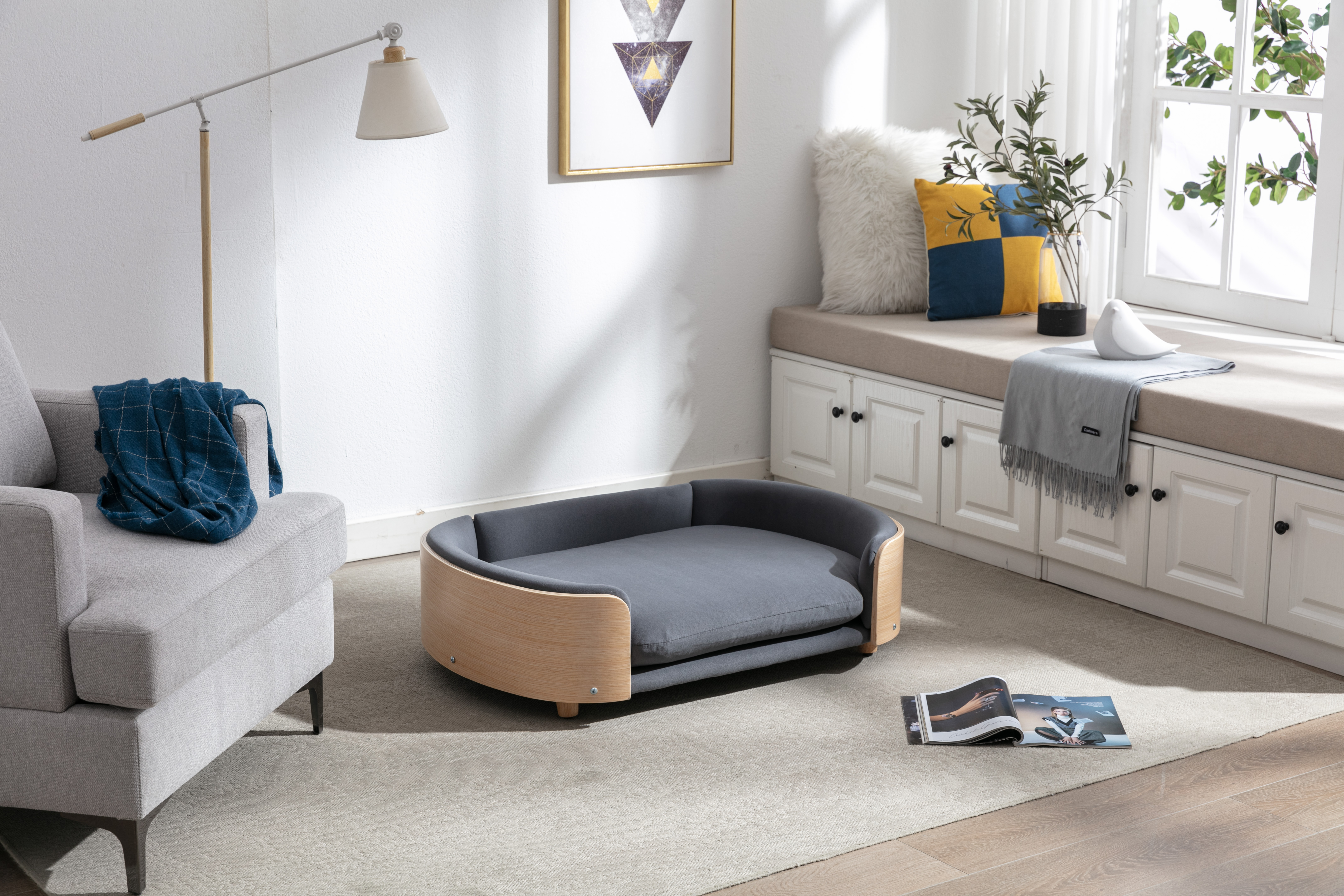 Scandinavian style Elevated Dog Bed Pet Sofa With Solid Wood legs and Bent Wood Back, Velvet Cushion, Large Size — image 23