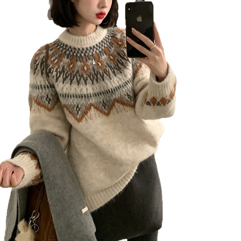 Vintage Fair Isle Faux Alpaca Wool Crew Neck Pullover Sweater Relaxed Fit — image 2