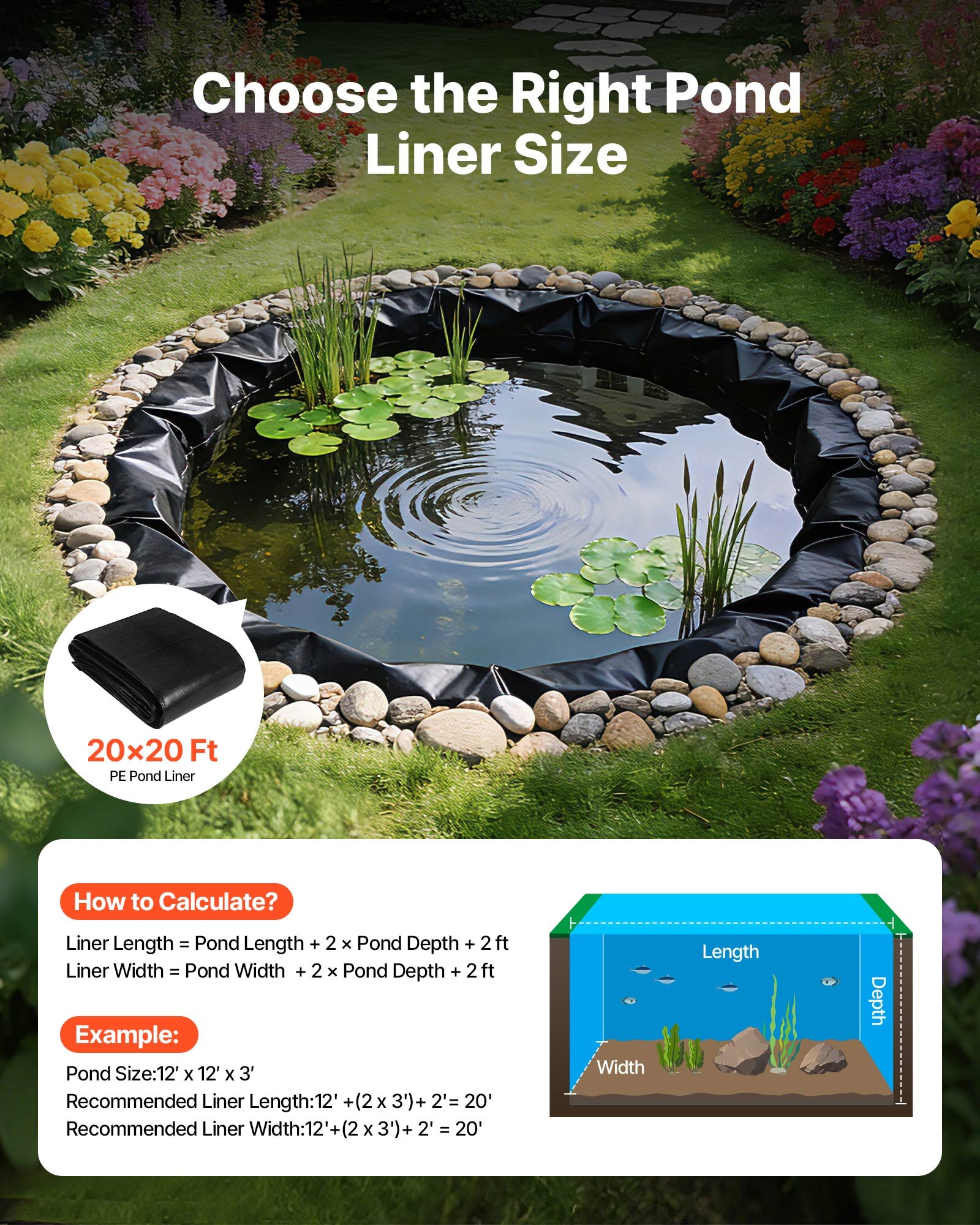 Pond Liner, 14 Mil Thickness, 3-Layer Reinforced PE Fish Koi Pond Liner For Outdoor Ponds, With Hemmed Edge And 4 Metal Buttonholes, For Water Garden, Waterfall, And Fountains, Black — imagen 5