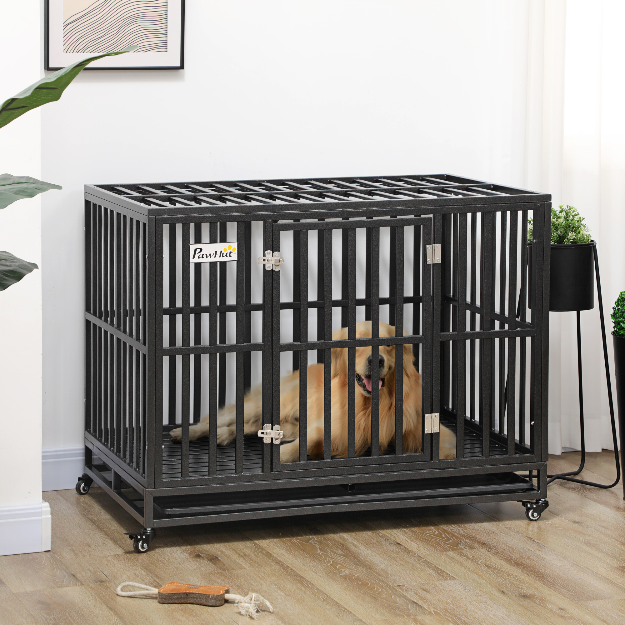 Jaula resistente de 45" para perro, a prueba de escapes, jaula de acero con ruedas, negro — imagen 4