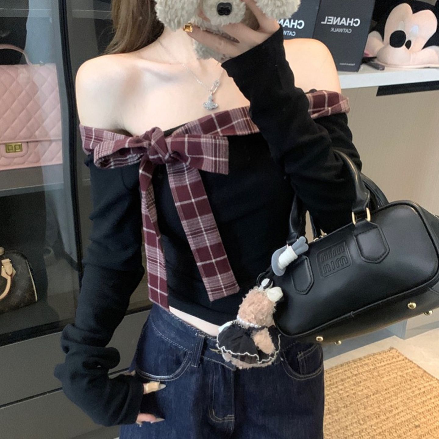 Sweet and Spicy Girl Plaid Patchwork Off-the-Shoulder T-Shirt for Women, Butterfly Knot Slim Fit Long Sleeve Top — image 7