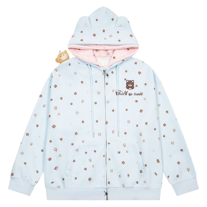 Embroidered teddy bear zipper loose hooded jacket — image 6