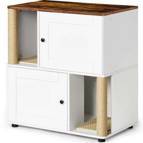Caja de Limpieza de Gatos Doble con Encierro, Caja de Limpieza para 2 Gatos con Escalera y Estante, Armario para Gatos con Dos Cajas de Arena, Color Blanco Clásico — imagen 5