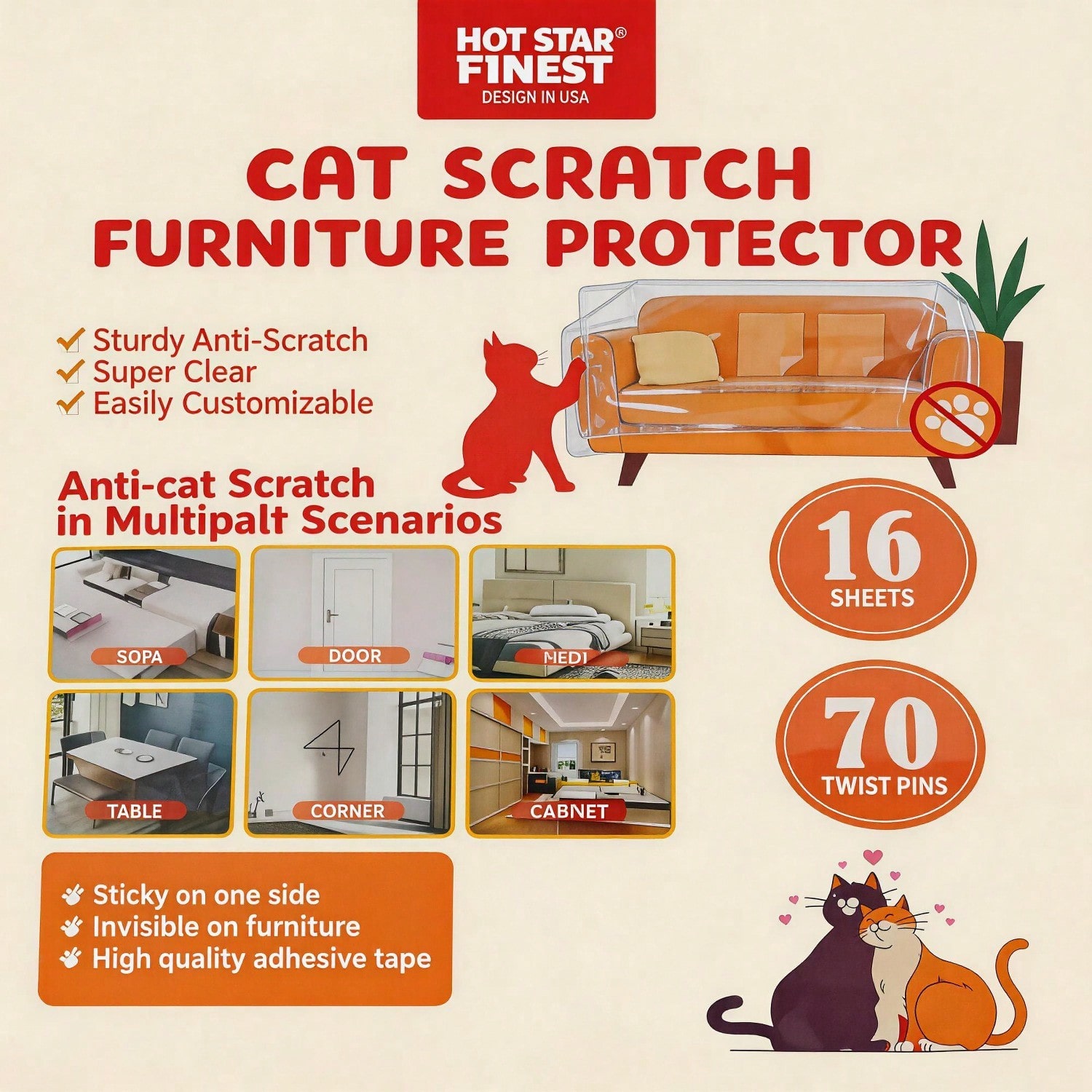 Kit de Protección para Muebles contra Garras de Gato - 16 Hojas Transparentes con 70 Broches Twist — imagen 6