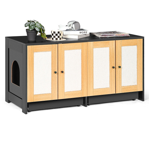 Caja de Limpieza para Gatos Doble con Puertas de Rattán, Encierro de Caja de Arena para 2 Gatos, Mueble de Arena Oculta con Panel de Escarificado para Gatos, 47" L x 19.8" A x 21.8" H, Negro — imagen 7