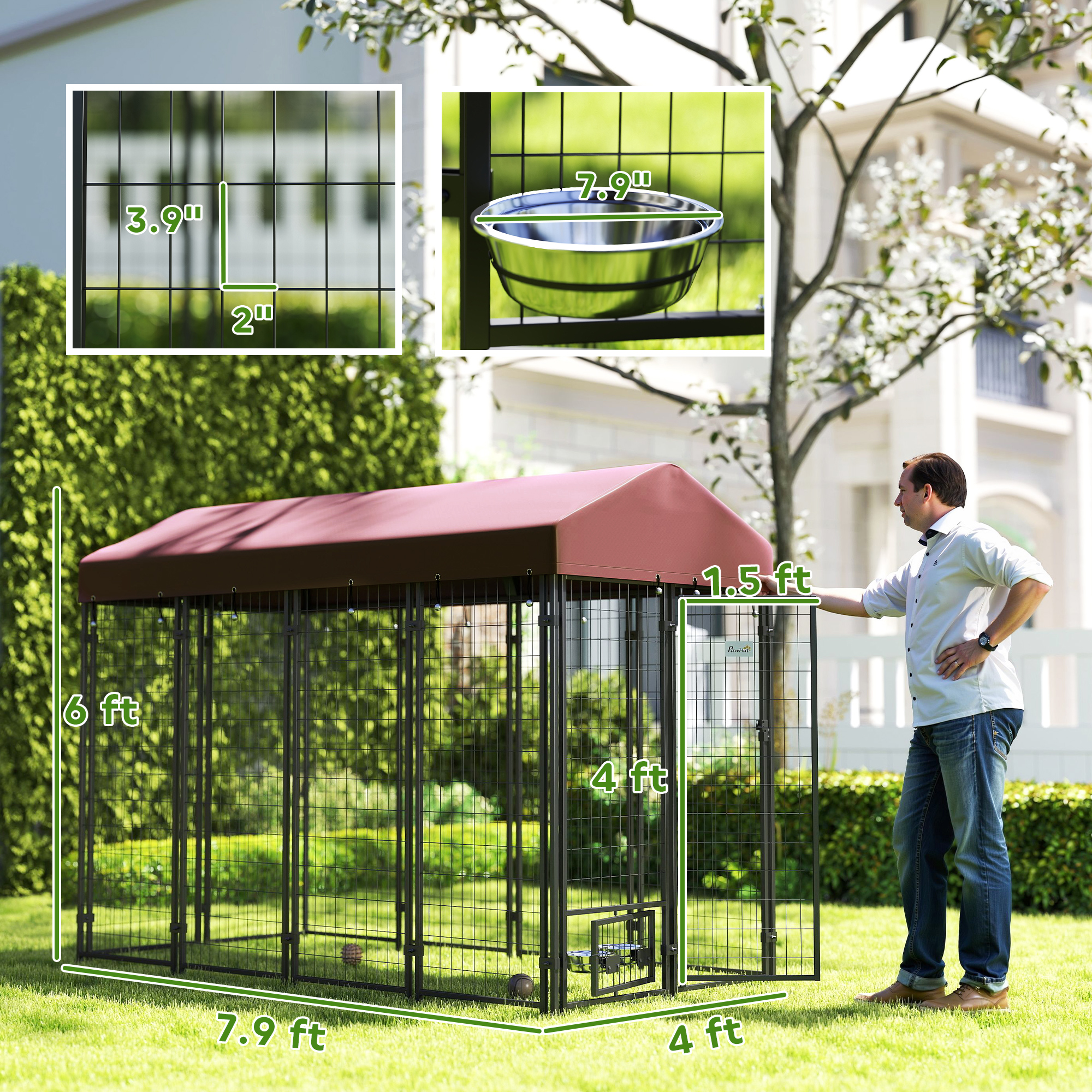 Outdoor Dog Kennel with Rotating Bowl Holders, Walk-in Pet Playpen with Waterproof Cover, 8 x 4 x 6, Red — imagen 3