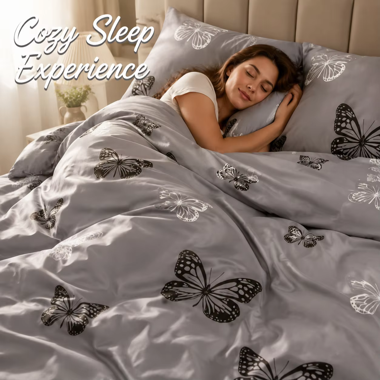 3Pcs Gray Butterfly Duvet Cover Set Soft Bedding Set with Pillowcases, Black White Butterfly Bed Cover for Girls Teens Queen King Twin Full — image 3