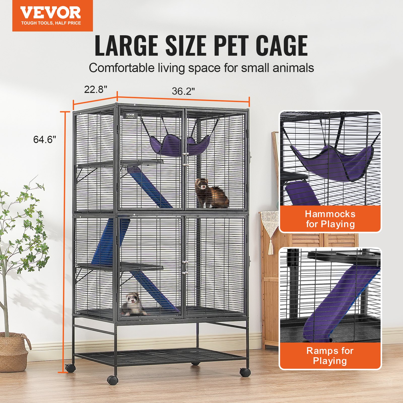 64.6' Metal Small Animal Cage 4-Tier Rolling Ferret Cage With Tray 3 Ramps — image 5