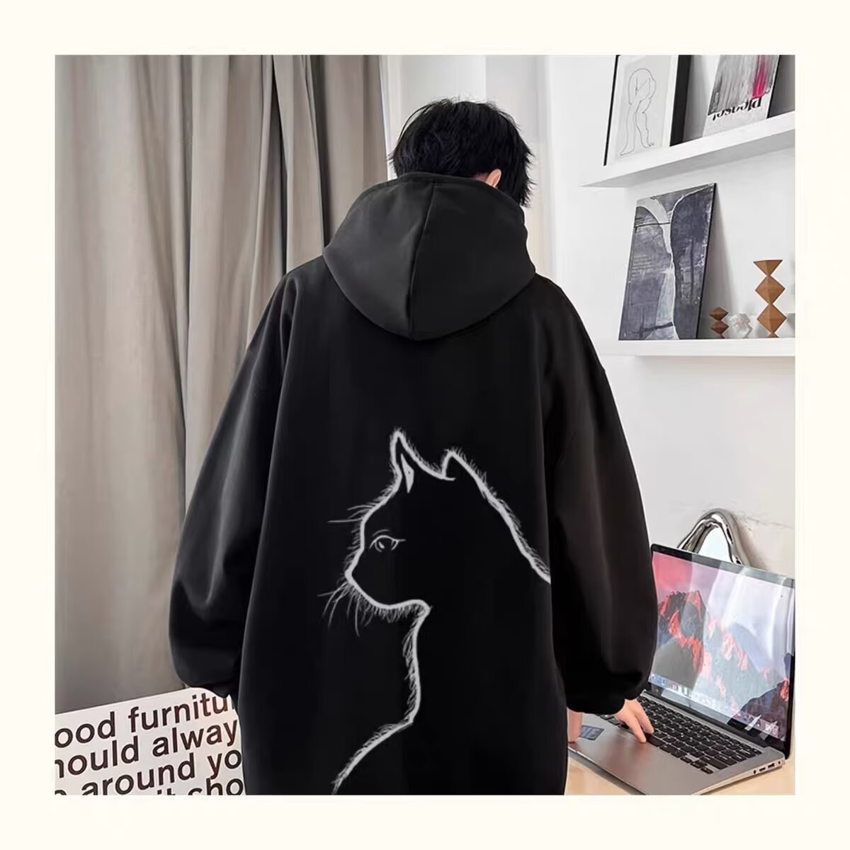 Unisex Casual Cartoon Cat Print Long Sleeve Fleece Lined Hooded Sweatshirt — image 9
