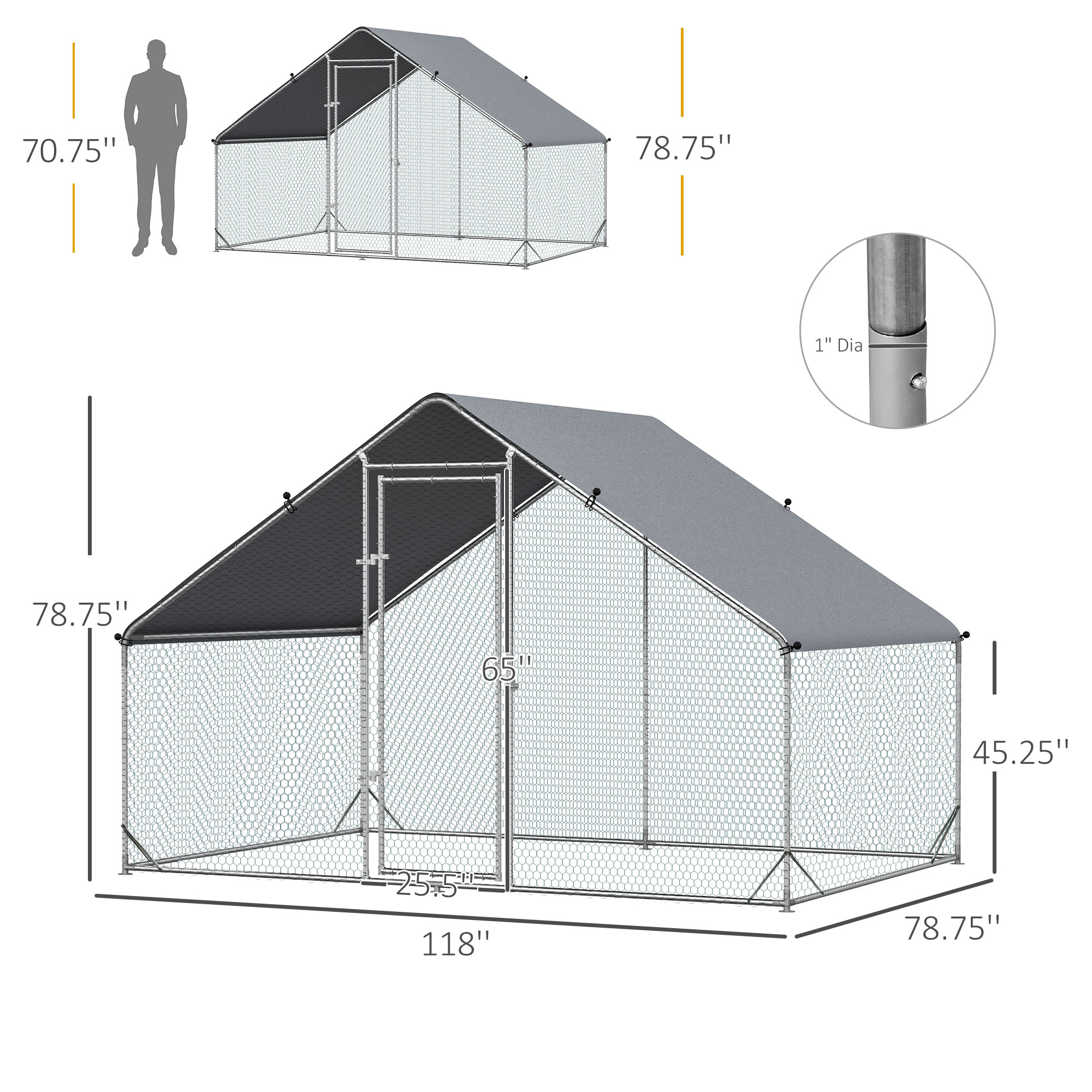 Cubo de Gallinas Metálico con Cubierta, Corral Exterior para Pollos, Conejos y Patos, Gran Casa de Aves para Jardín, 10' x 6.5' x 6.5', Plateado — imagen 3