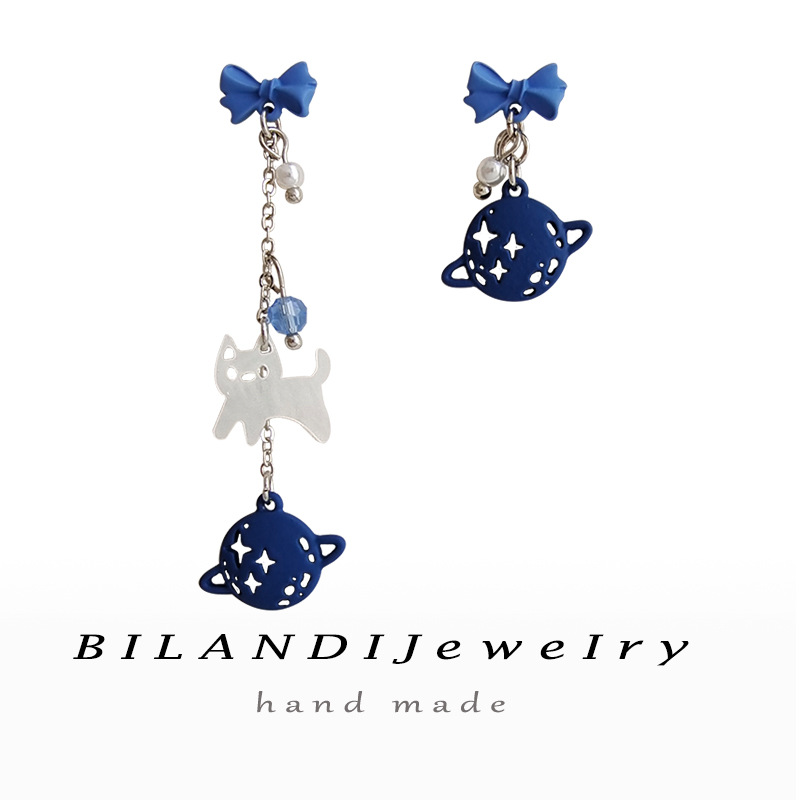Pendientes de aguja de plata S925 Klein Blue Bow, asimétricos, de gato, largos — imagen 5