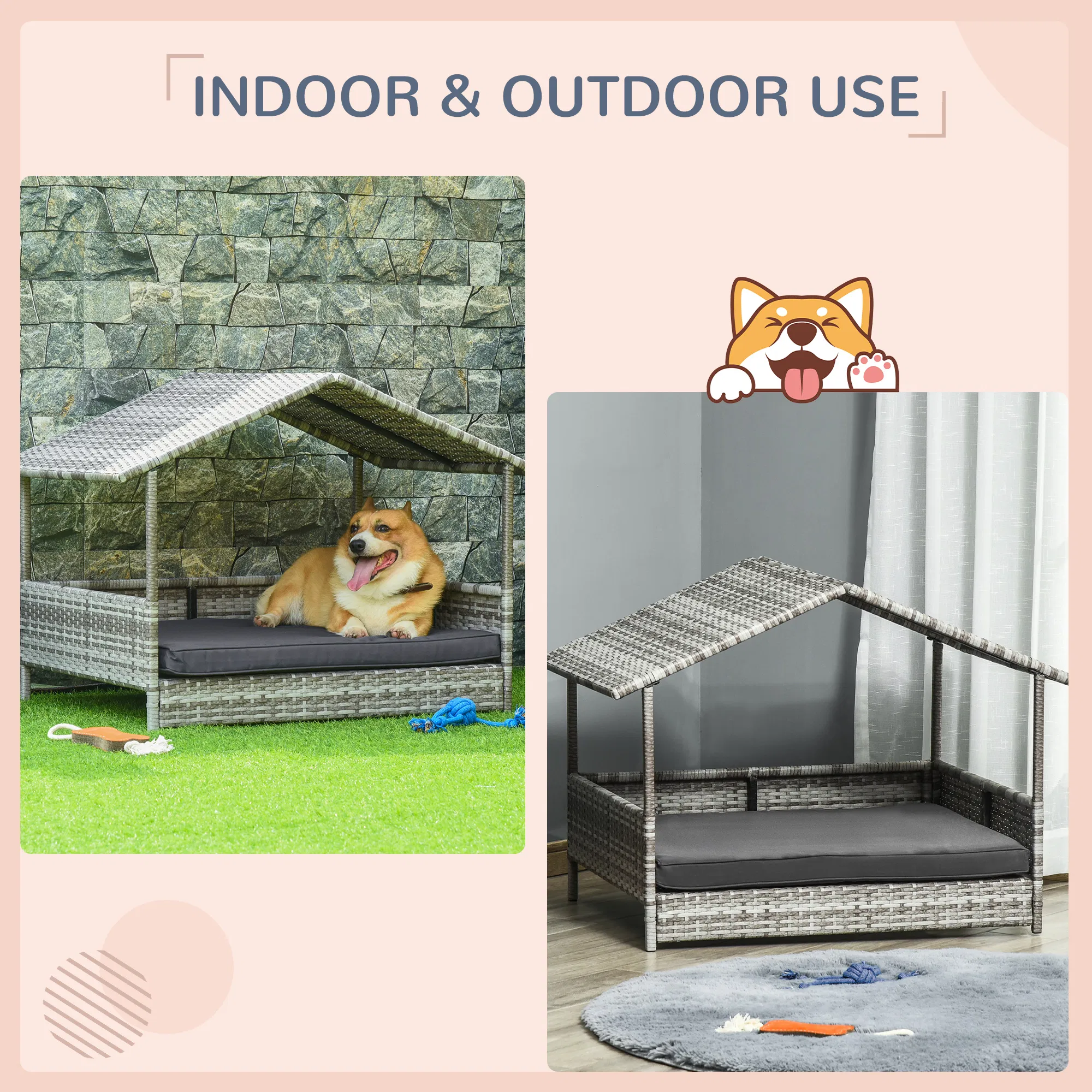 Wicker Pet House Dog Bed for Indoor/Outdoor Rattan Furniture with Cushion — image 3