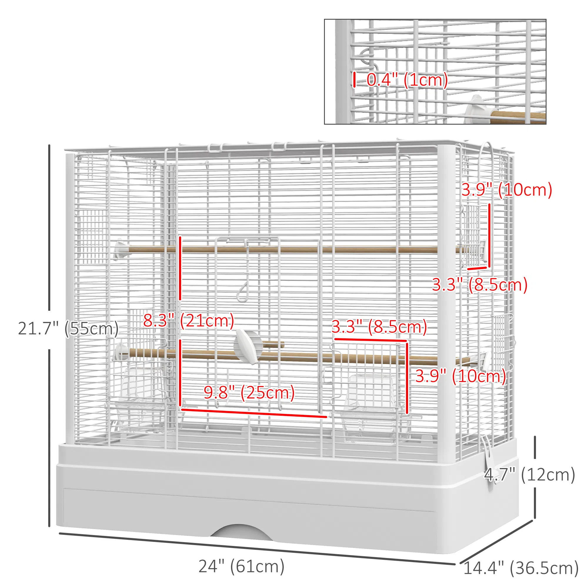 22" Bird Cage for Budgie Finches Canaries Love Birds with Wooden Stands, Slide-Out Tray, Handles, Food Containers, White — image 6