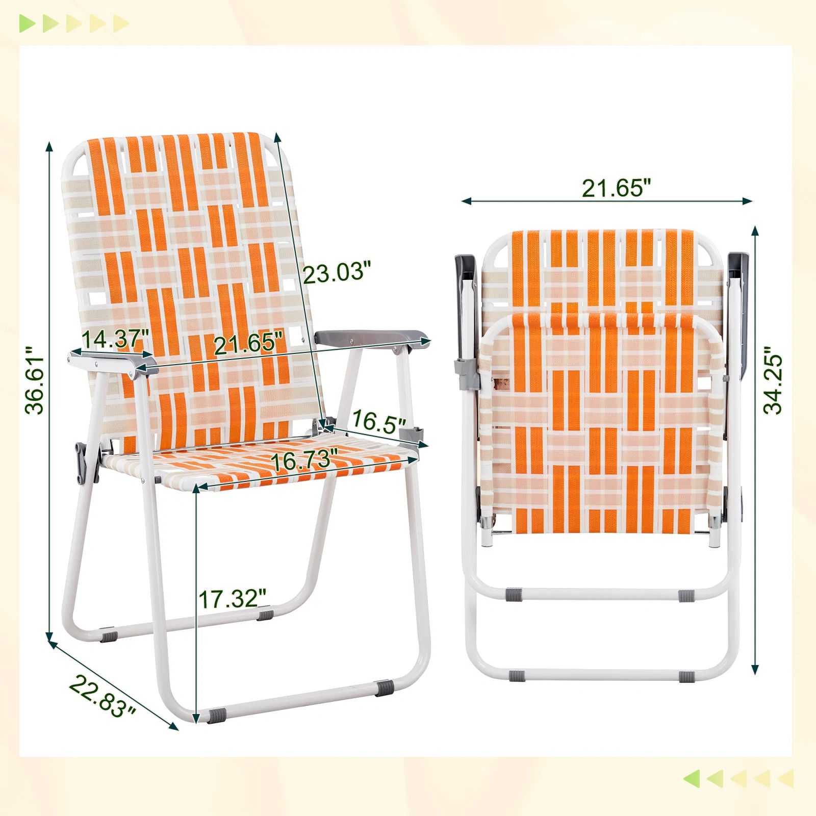 Set of 2 Webbed Folding Beach Chairs, Outdoor Patio Lawn Foldable Chairs for Camping Fishing Yard Poolside BBQ, Orange & White — image 19