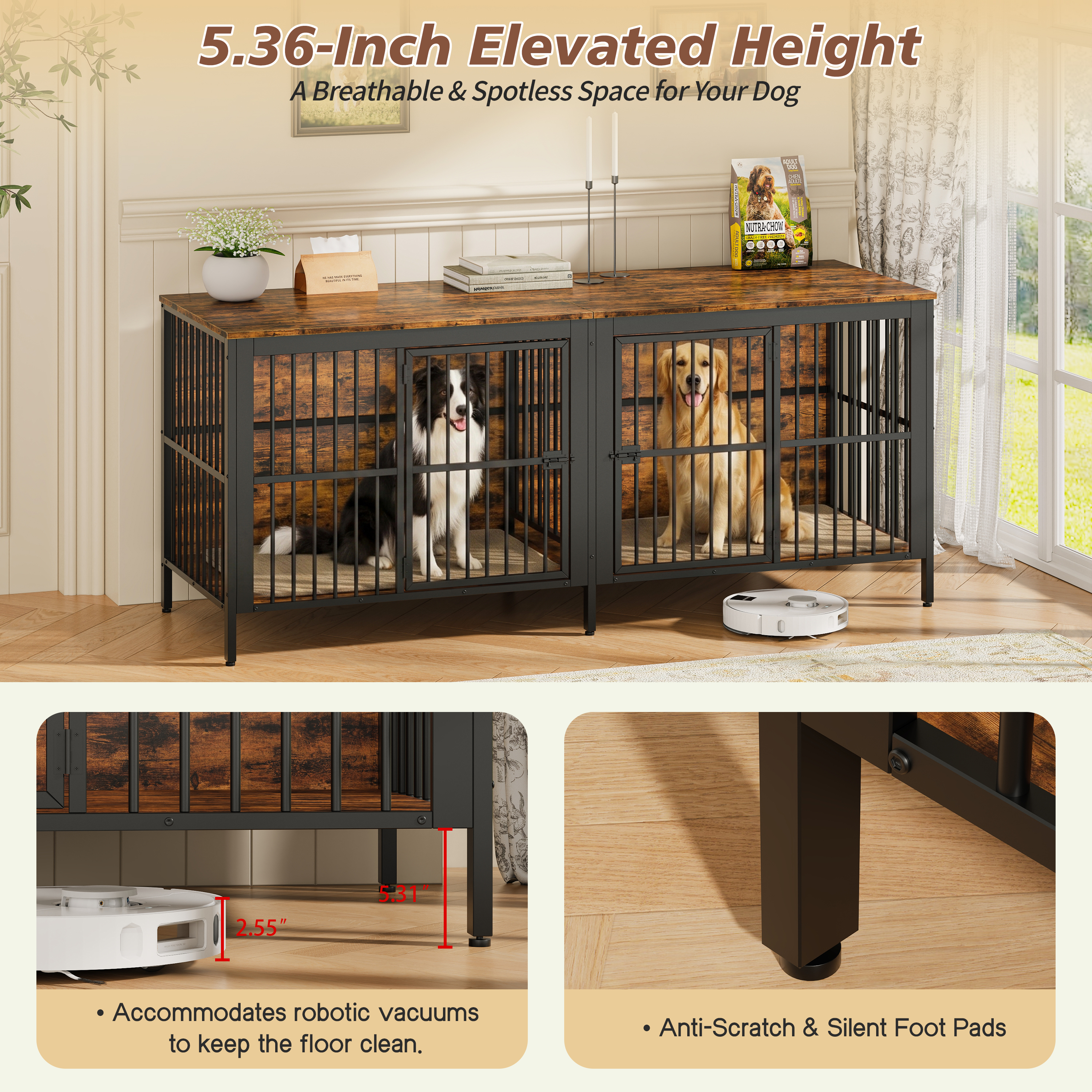 80 Dog Crate End Table, Heavy Duty 2-Door Indoor Pet Kennel, Multipurpose Dog House Furniture As TV Stand Or Side Table For Living Room, Large & Medium Dogs. Rustic Brown — image 4