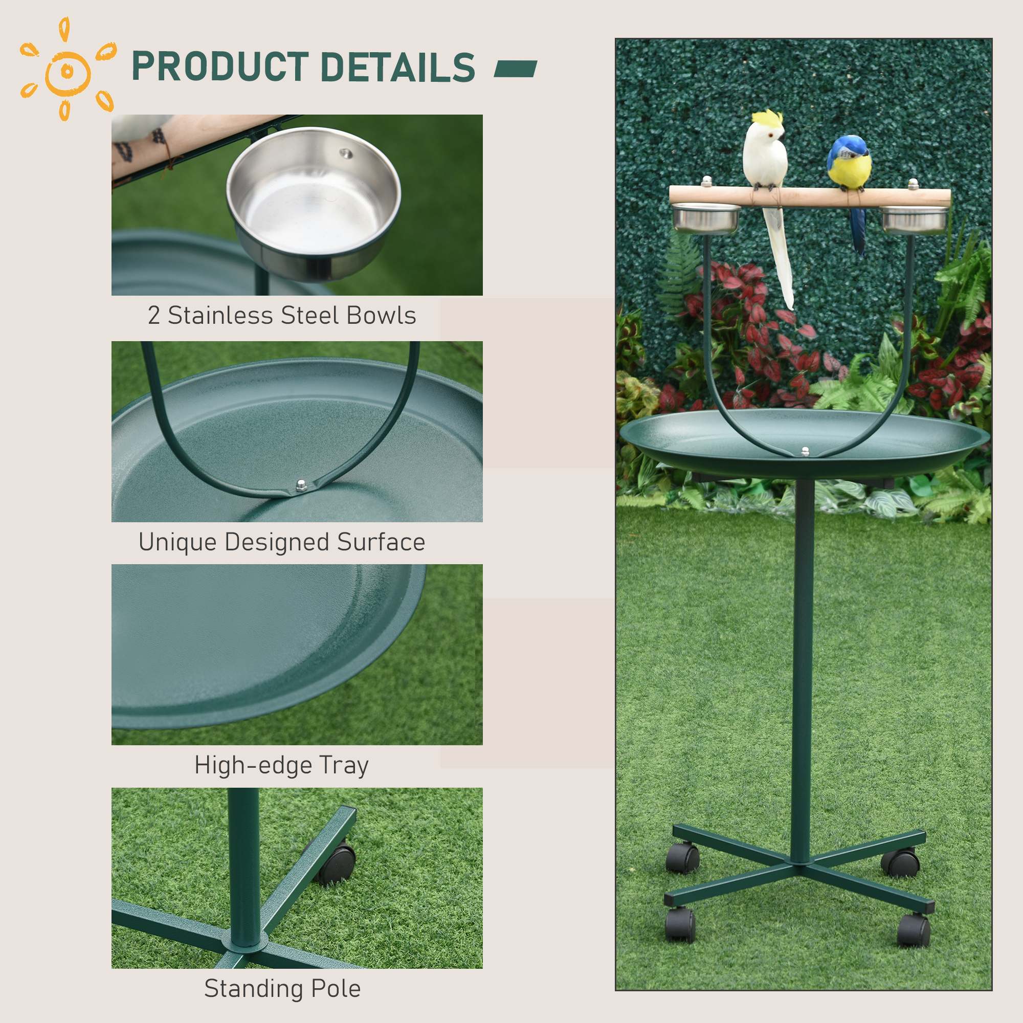 Soporte en T con Ruedas de 48", Soporte para Loros, Área de Entrenamiento y Actividades para Aves con Ruedas y Percha, Percha de Juego para Aves, Verde — imagen 2