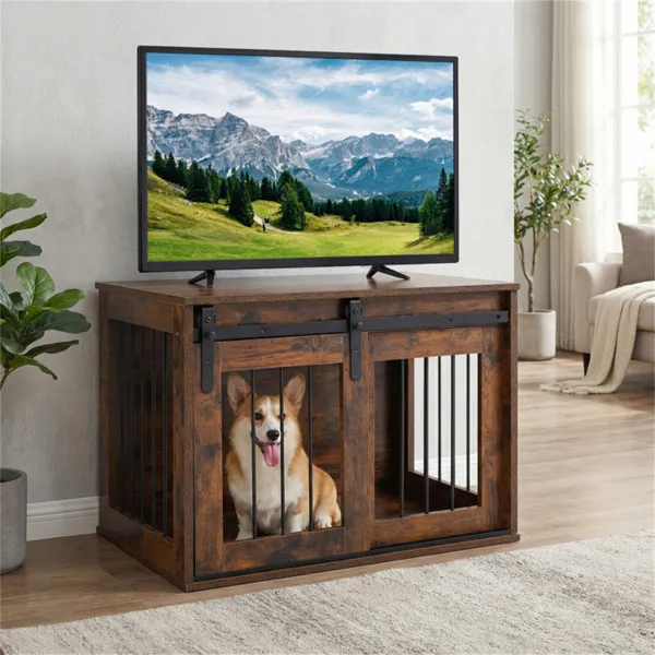 Jaula-Mueble para Perro de 31.5" con Puerta Corrediza Estilo Granero, Mesa Auxiliar/Casa para Perro de Madera para Interiores - Marrón Rústico — imagen 5